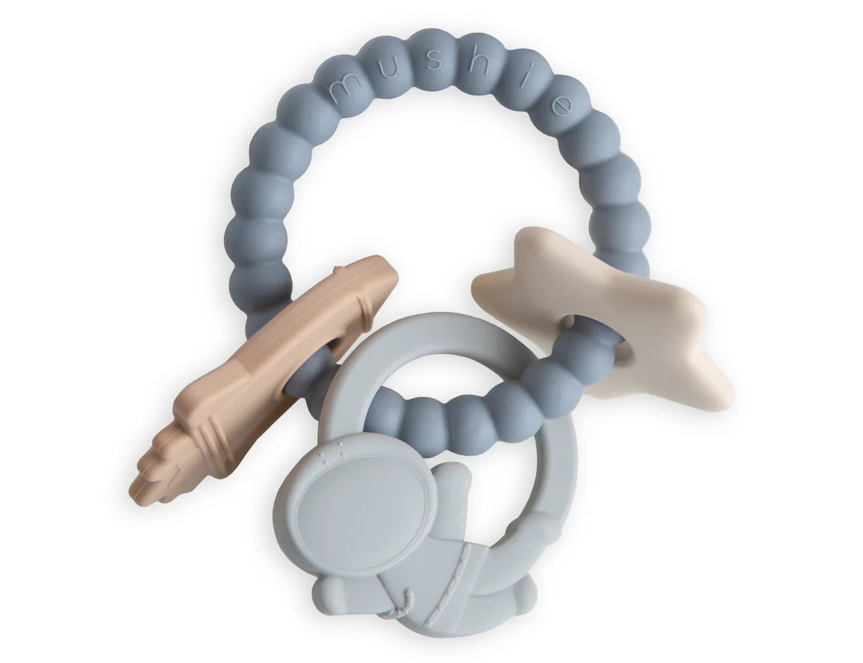 Mushie Space Teething Ring, a blue beaded silicone ring with a planet, rocket and star charms