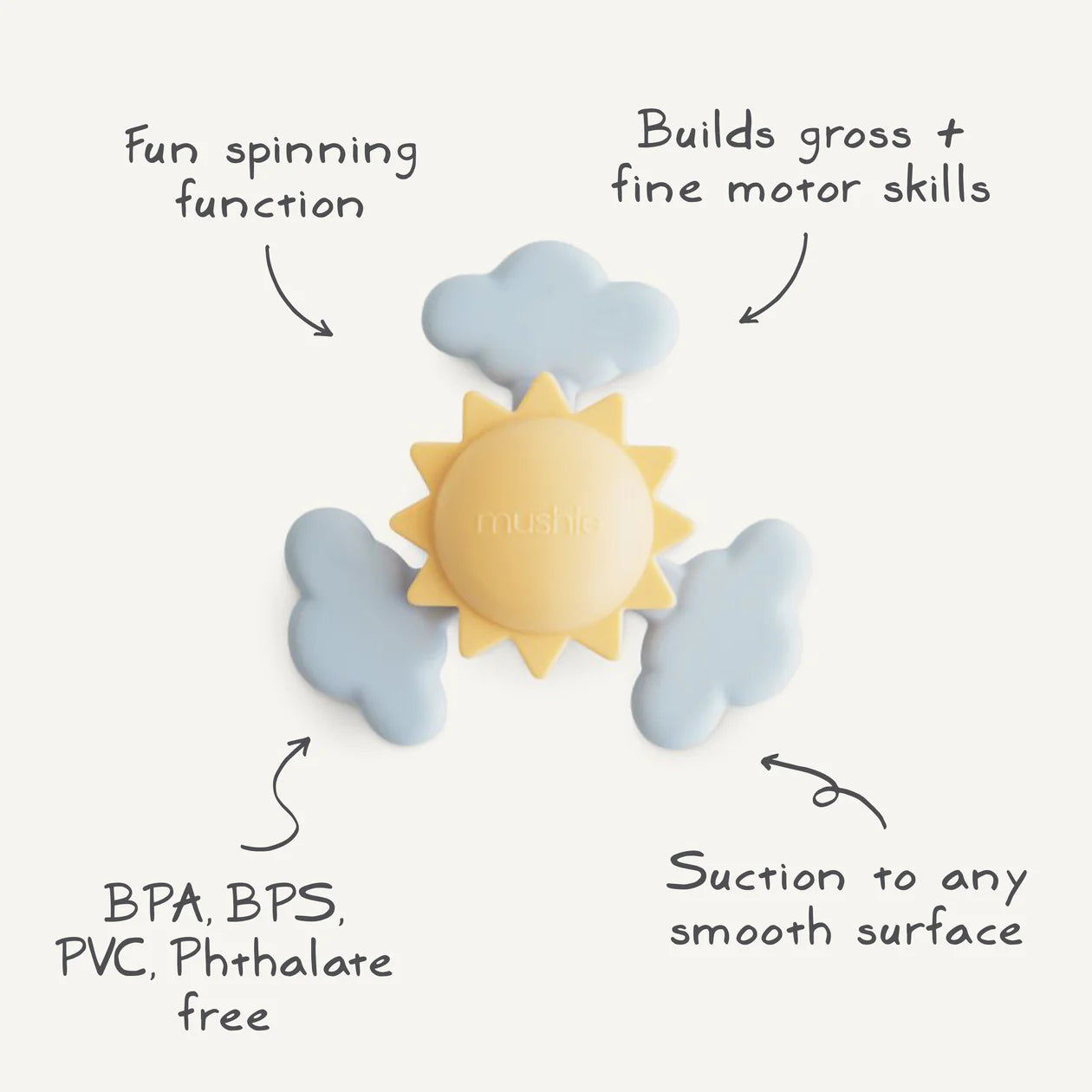 Mushie Sunshine Suction Spinner Toy with feature callouts: spinning function, motor skills, BPA free, suction base