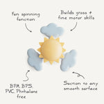 Mushie Sunshine Suction Spinner Toy with feature callouts: spinning function, motor skills, BPA free, suction base