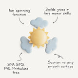 Mushie Sunshine Suction Spinner Toy with feature callouts: spinning function, motor skills, BPA free, suction base