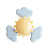 Mushie Sunshine Suction Spinner Toy, a yellow sun center with three blue cloud-shaped spinner blades