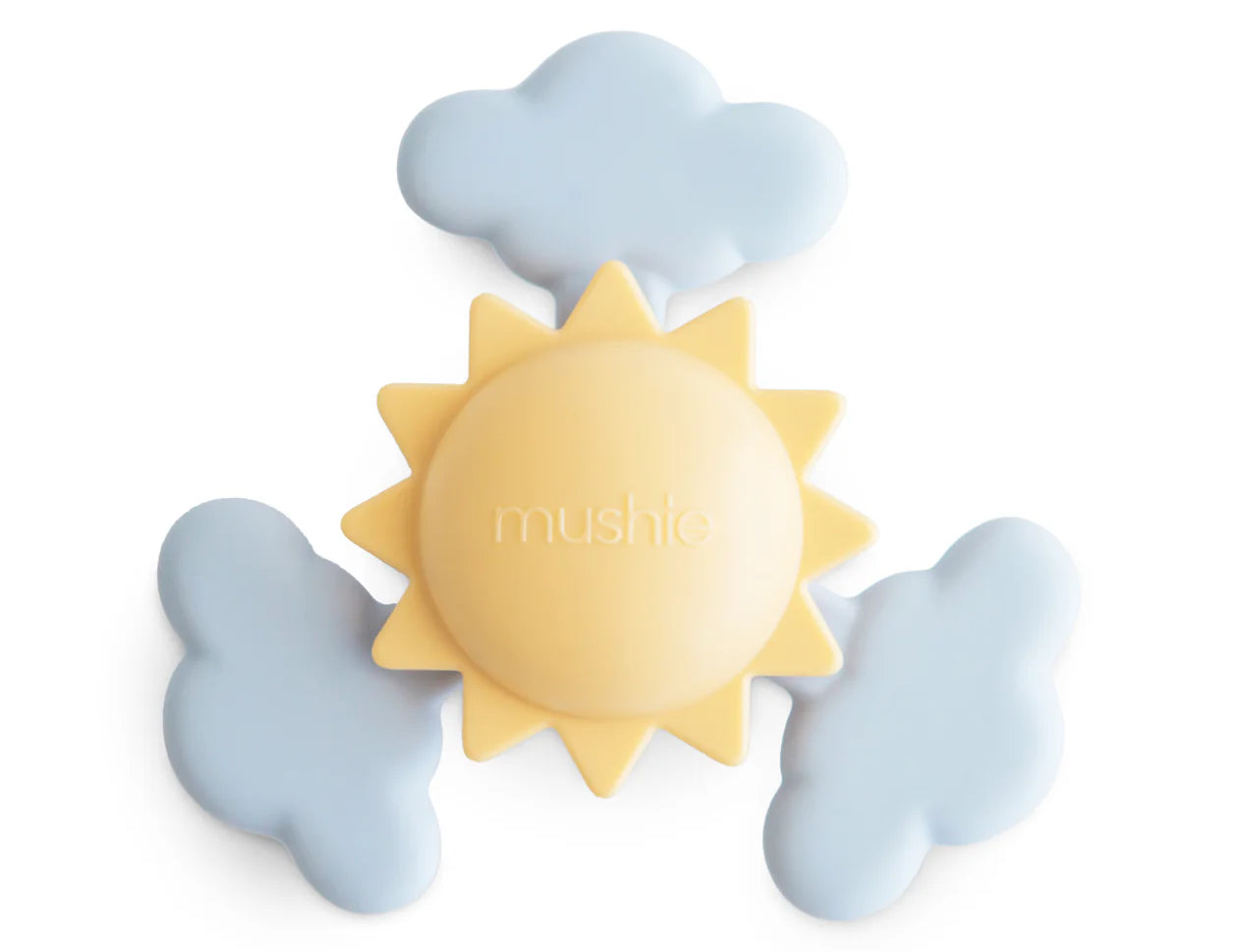 Mushie Sunshine Suction Spinner Toy, a yellow sun center with three blue cloud-shaped spinner blades