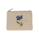 Night Bloom flat pouch, a cream ribbed corduroy pouch with a gold zipper and an embroidered blue flower with green leaves, on a white background.