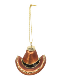 Glass Cowboy Hat Ornament, brown glass cowboy hat with a black band and a glittered gold brim