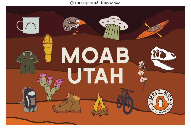 Moab magnet with a camp mug, helmet, kayak, boots, bike, cactus and a dinosaur skull over layered red rock
