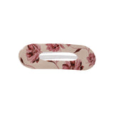 Oval lay flat acrylic claw clip in Mulberry Floral, classic size, a cream hair claw clip with a mulberry floral print, on a white background.