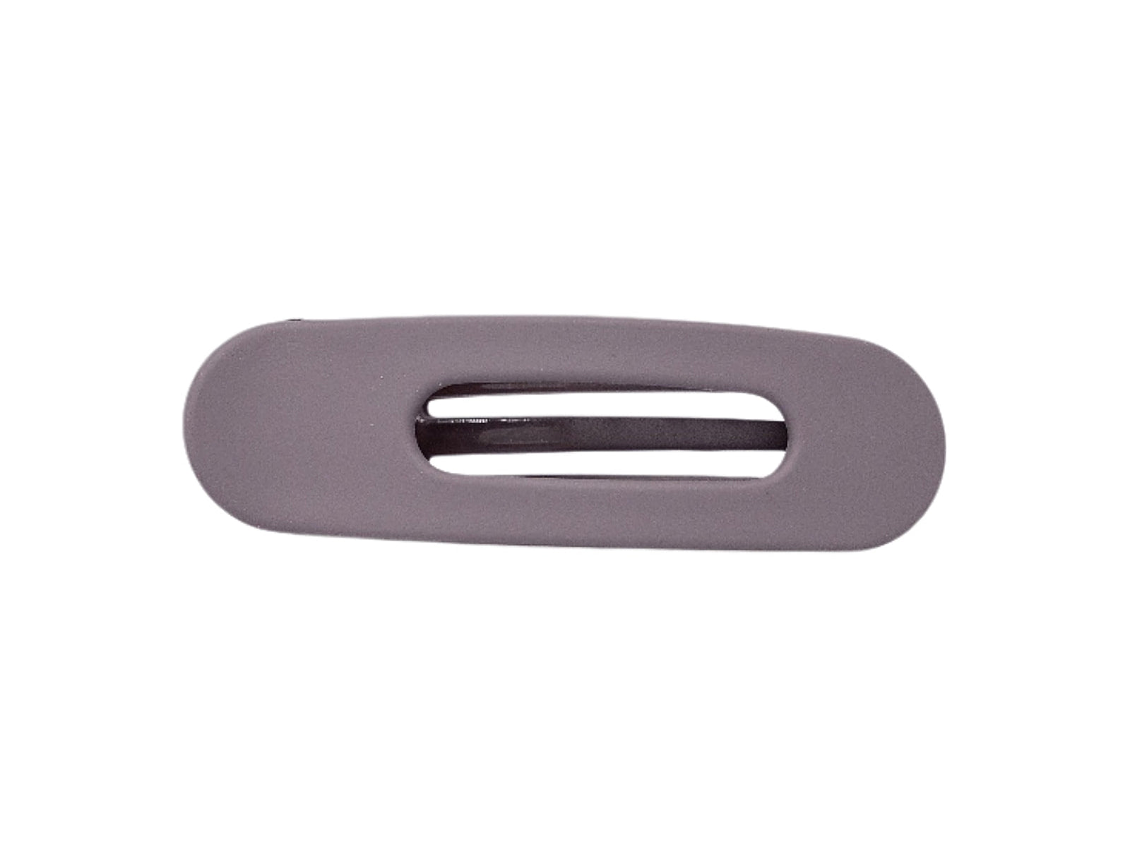 Oval lay flat claw clip in Grey Lilac, mini size, a matte dusty lilac hair claw clip with an open center, on a white background.