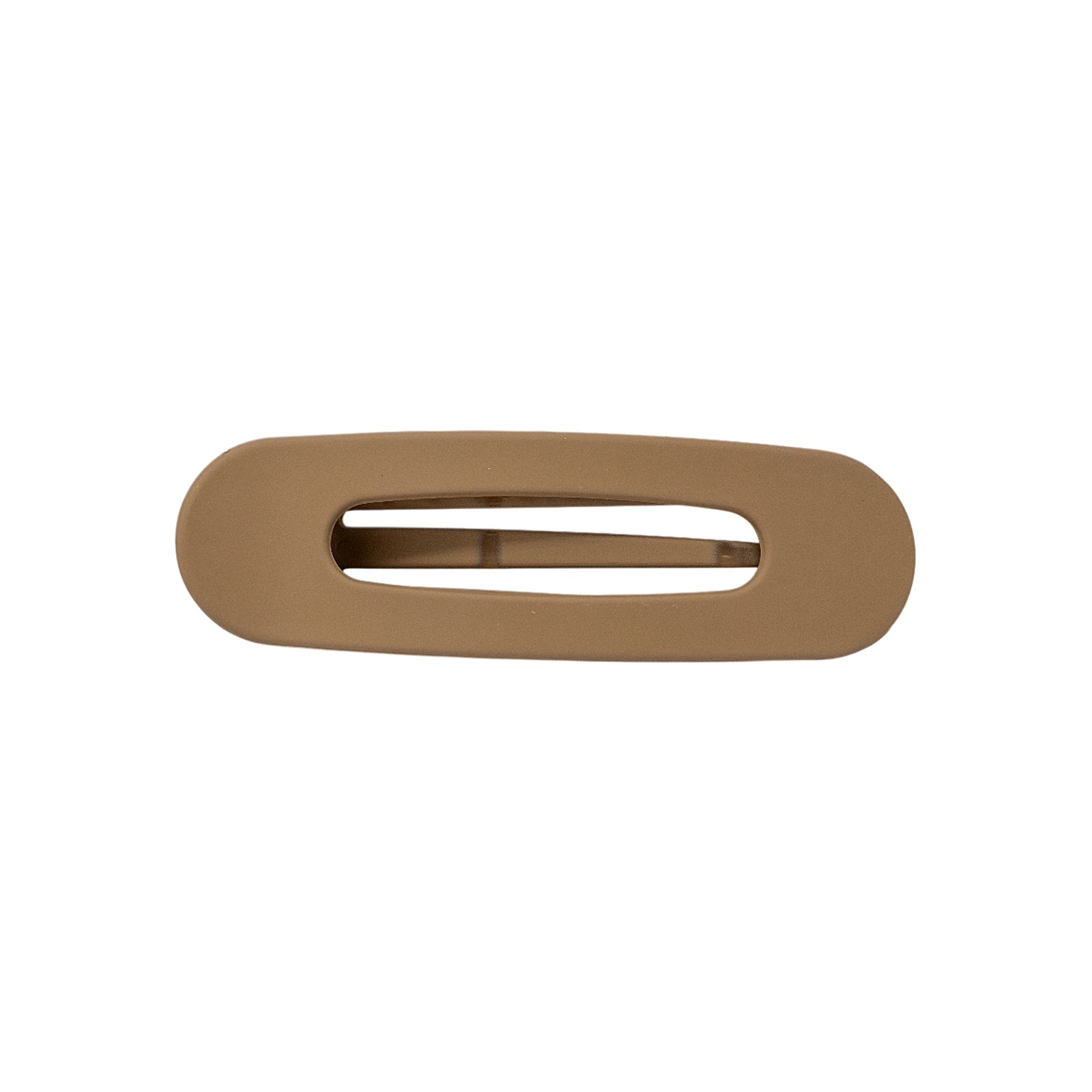 Oval lay flat claw clip in Light Brown, classic size, a matte tan hair claw clip with an open center, on a white background.