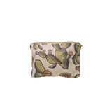 Packable Tyvek pouch in Cactus Bloom, second view of the beige pouch printed with green prickly pear cactus and orange flowers, on a white background.