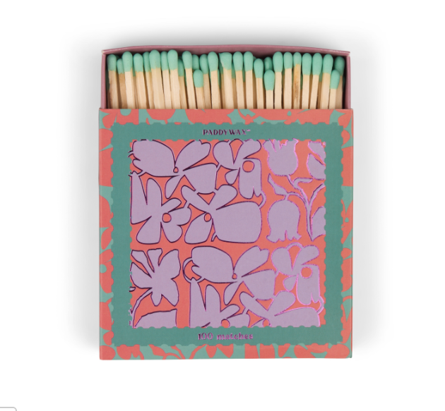 Terracotta and sage Paddywax matchbox with abstract lilac flowers and mint green match tips