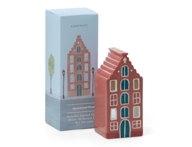 Painted ceramic Dutch canal house incense holder with its Paddywax box