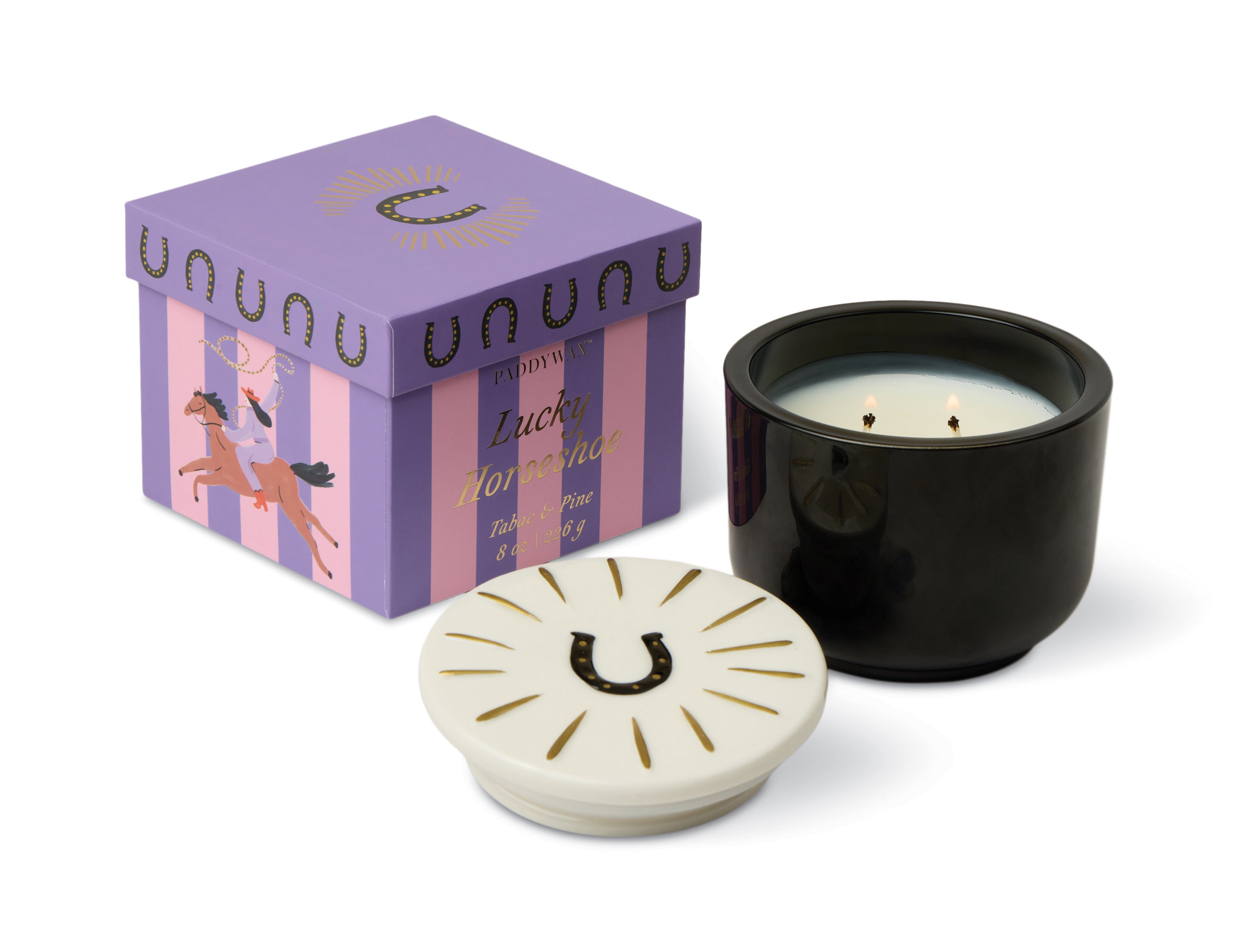 Charmed black glass candle with a ceramic horseshoe lid