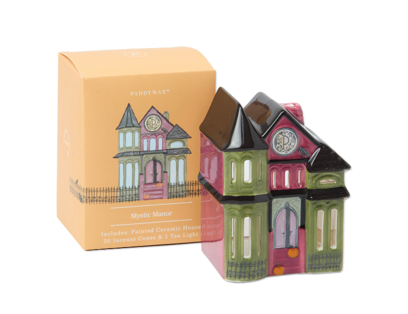 Painted ceramic Victorian house incense holder in pink, green and black with its Paddywax box