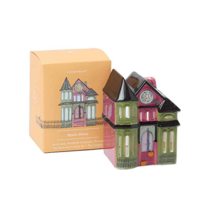 Painted ceramic Victorian house incense holder in pink, green and black with its Paddywax box