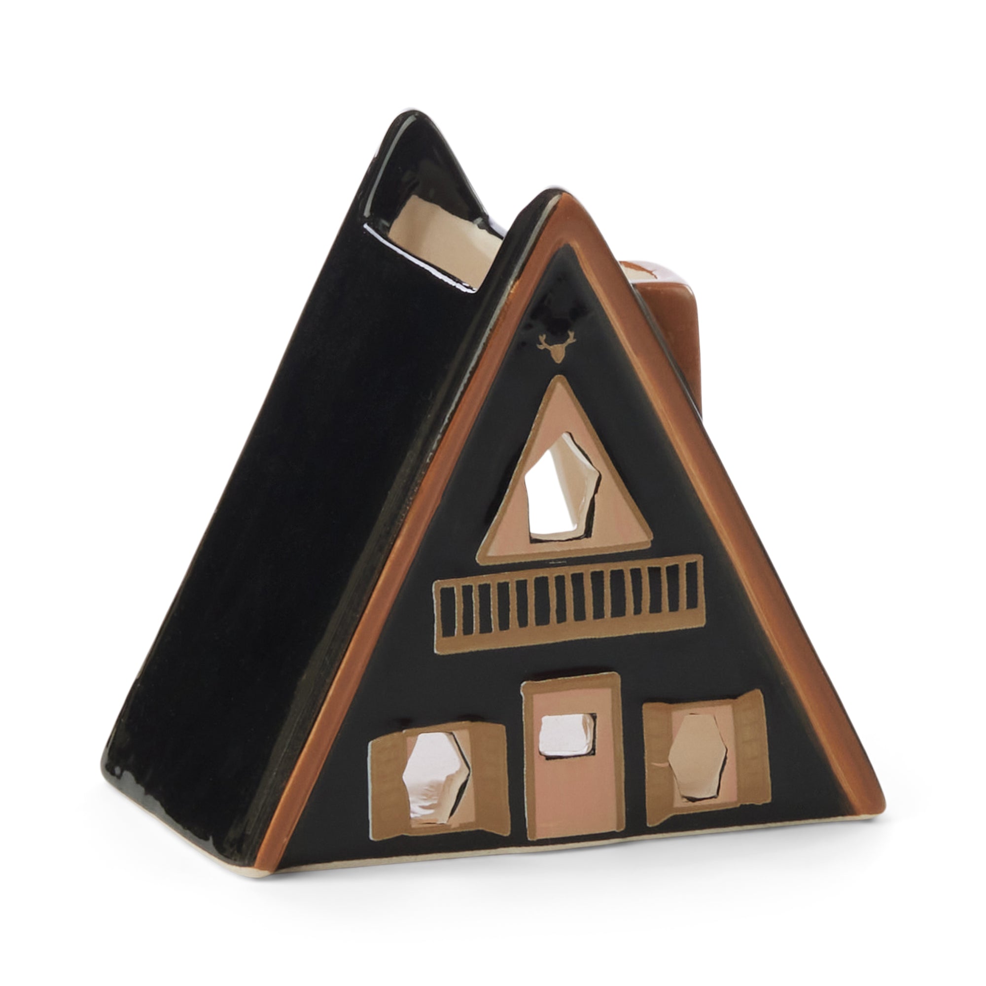 Hand painted Nordic cabin ceramic incense and tea light holder, third view