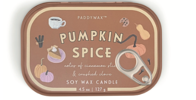 Printed pull ring tin candle labelled Pumpkin Spice with cinnamon stick and crushed clove notes