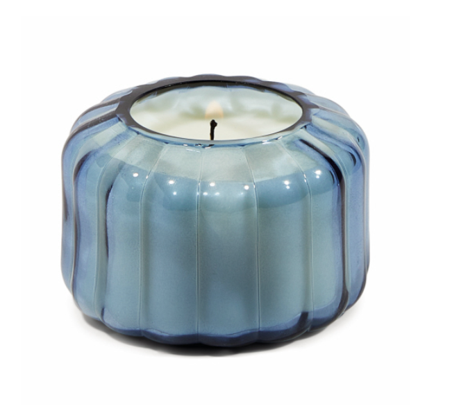 Small ribbed blue glass Paddywax Ripple candle, single wick