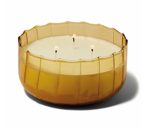 Wide ribbed amber glass Paddywax Ripple candle with three wicks