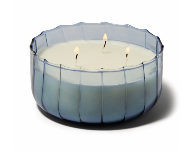 Wide ribbed pale indigo glass Paddywax Ripple candle with three wicks