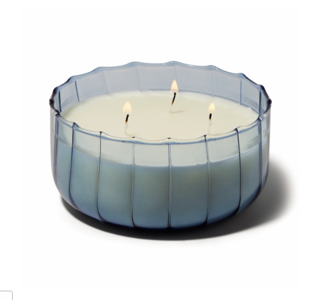 Wide ribbed pale indigo glass Paddywax Ripple candle with three wicks