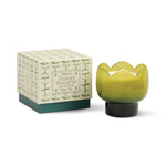 Teal tulip shaped glass candle, third view