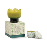 Teal tulip shaped glass candle, fourth view