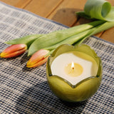 Teal tulip shaped glass candle, fifth view