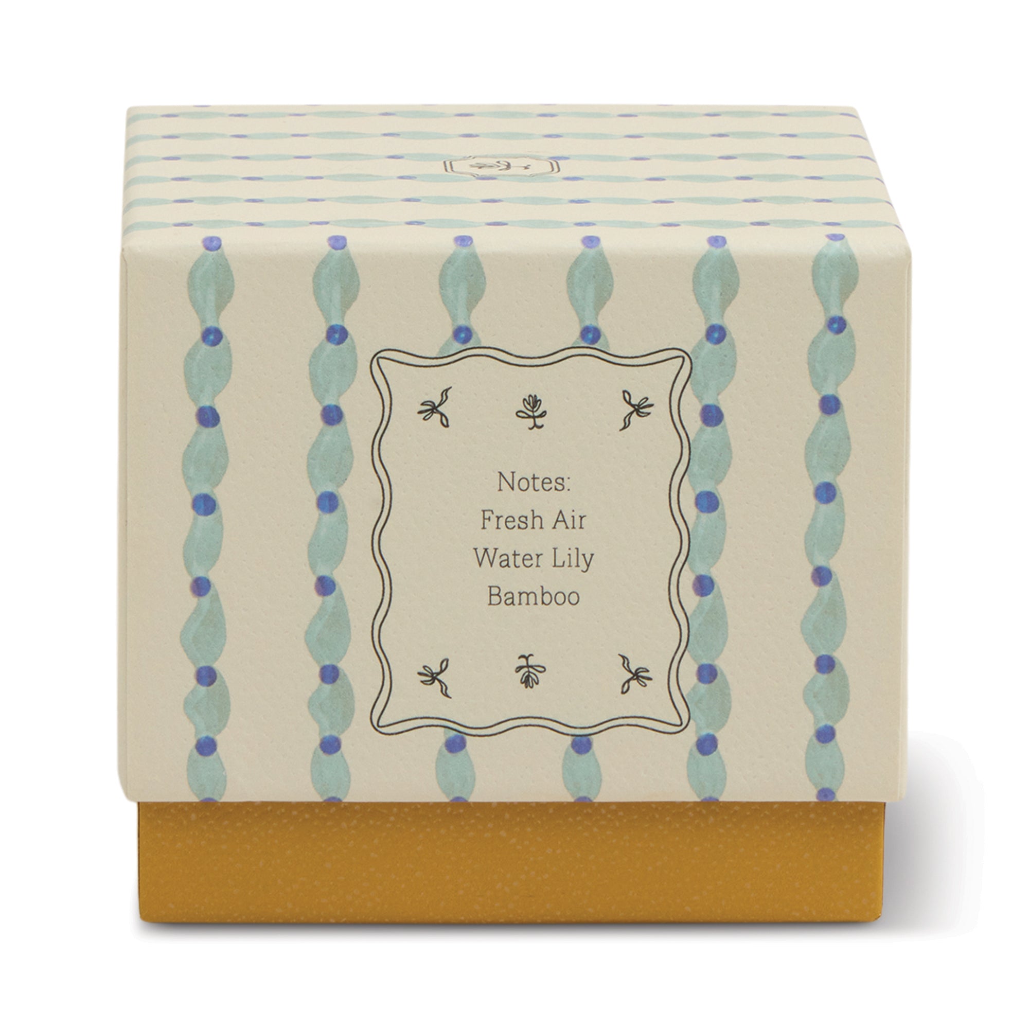 Paddywax Tulip Glass Candle box with a blue and green pattern, notes of fresh air, water lily and bamboo