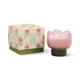 Paddywax Tulip Glass Candle in Bronzed Gardenia, a pink tulip-shaped glass candle beside its floral box