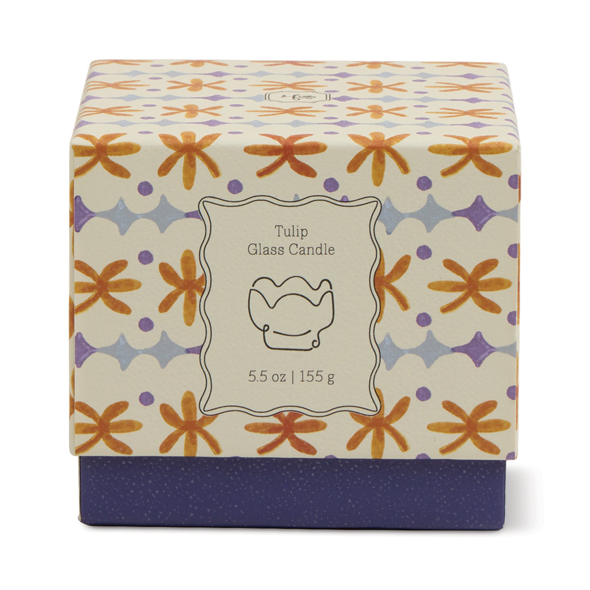 Paddywax Tulip Glass Candle box with an orange and purple floral pattern, 5.5 oz