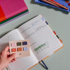 Papier Cloud Sticky Index Tabs in muted green, blue and pink being used in a planner