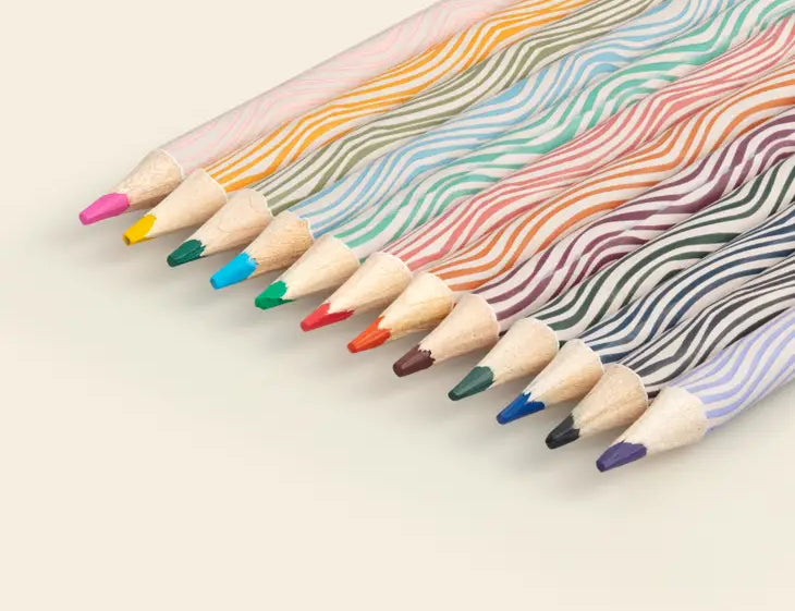 Papier Color Away Coloring Pencil Set of 12, pencils with wavy multicolor patterned barrels fanned out