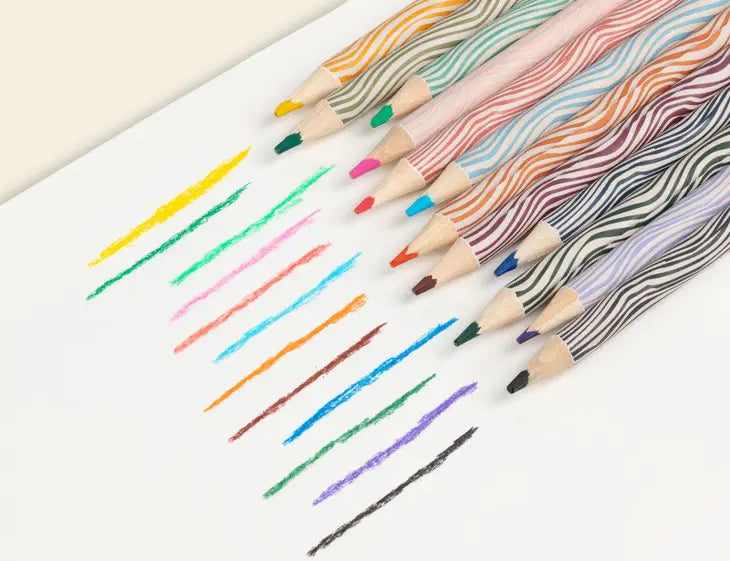 Papier Color Away Coloring Pencil Set of 12 with a swatch of each color drawn on white paper