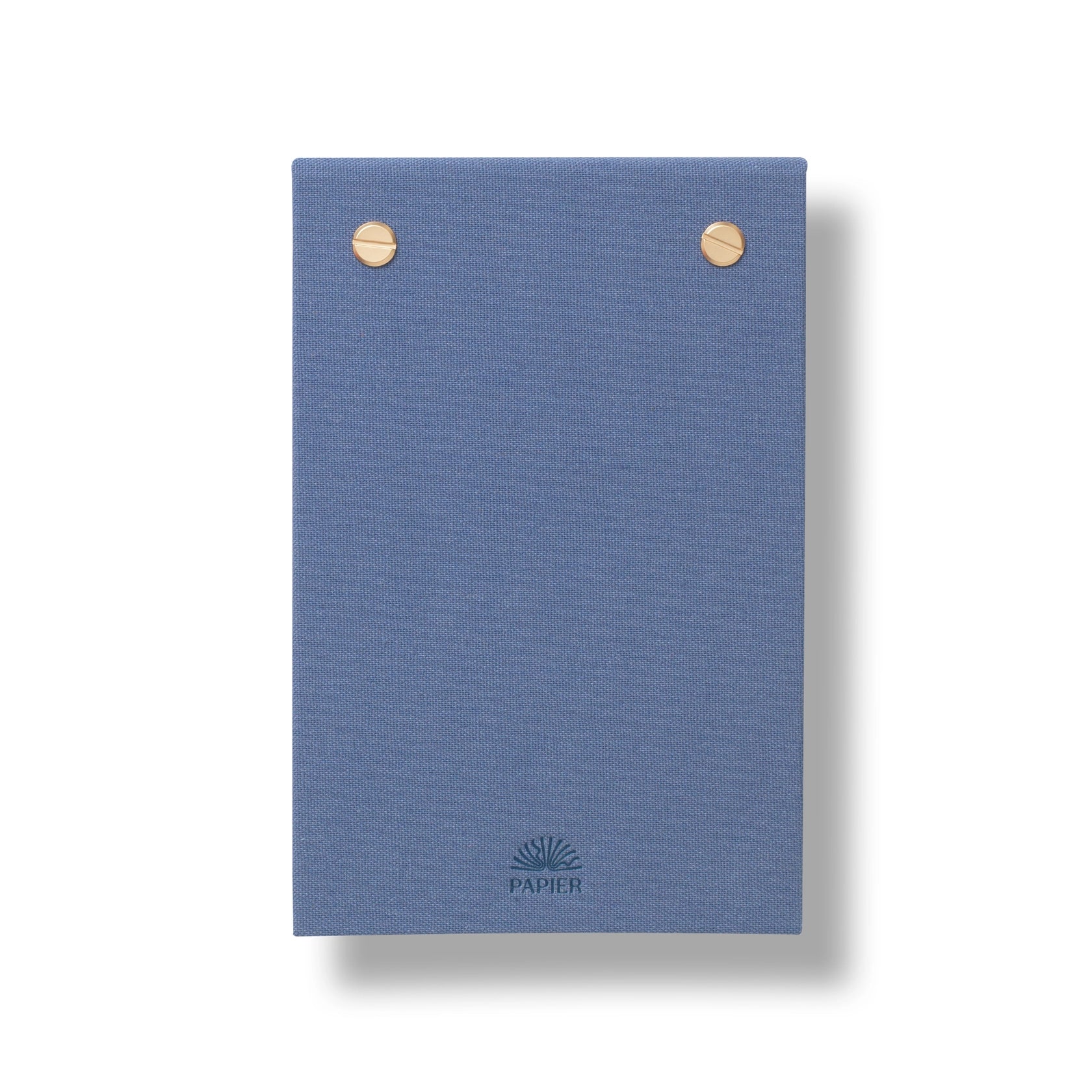 Papier Fabric Hardcover Notepad closed, showing the blue fabric cover with gold studs