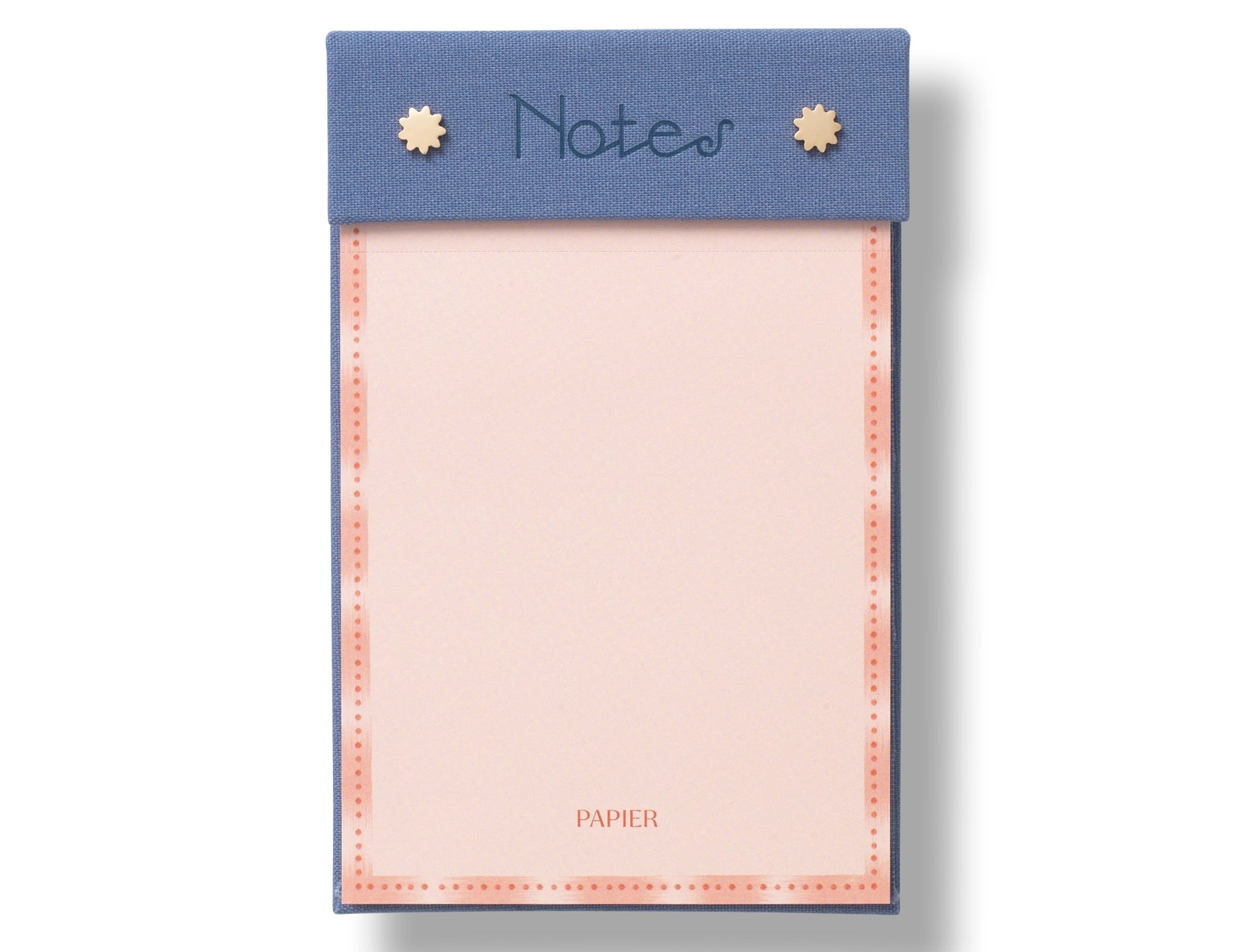 Papier Fabric Hardcover Notepad in pink with a blue fabric header reading Notes and gold studs