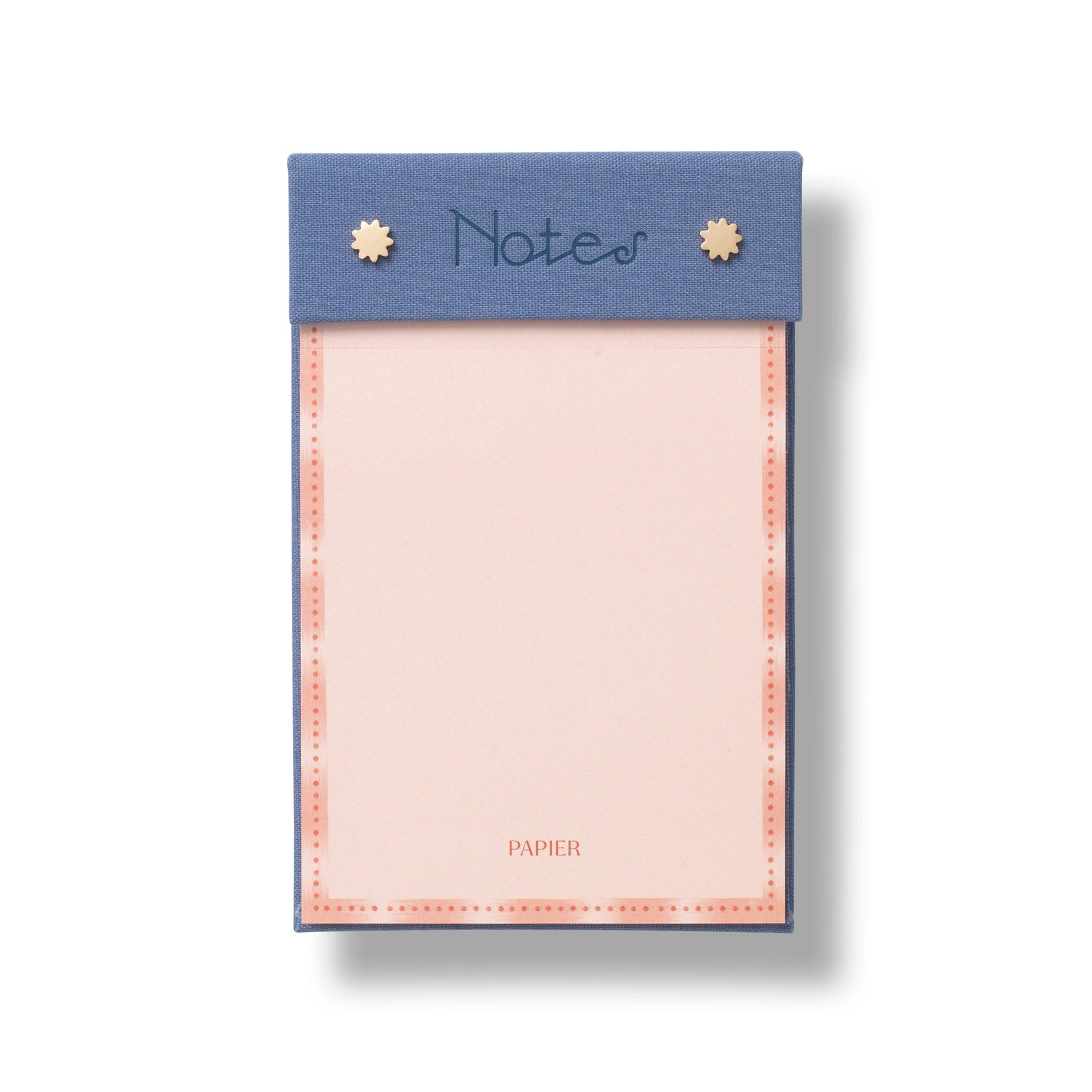 Papier Fabric Hardcover Notepad in pink with a blue fabric header reading Notes and gold studs