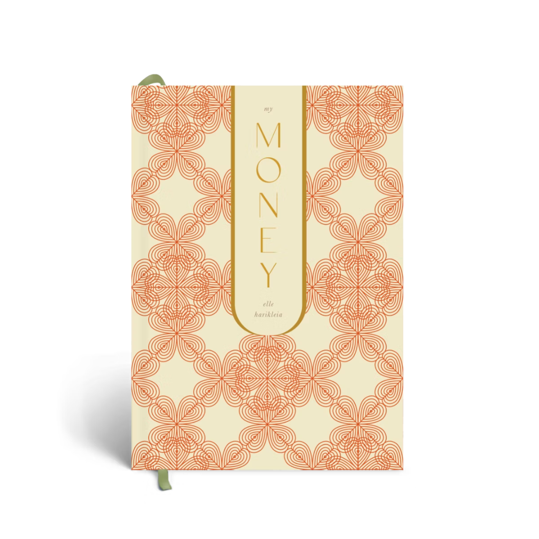 Papier Finance Planner in Four Leaf, a coral and cream tile-print hardcover with a Money label