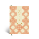 Papier Finance Planner in Four Leaf, a coral and cream tile-print hardcover with a Money label