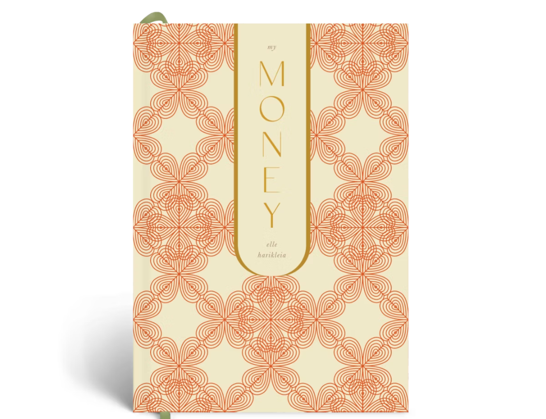 Papier Finance Planner in Four Leaf, a coral and cream tile-print hardcover with a Money label