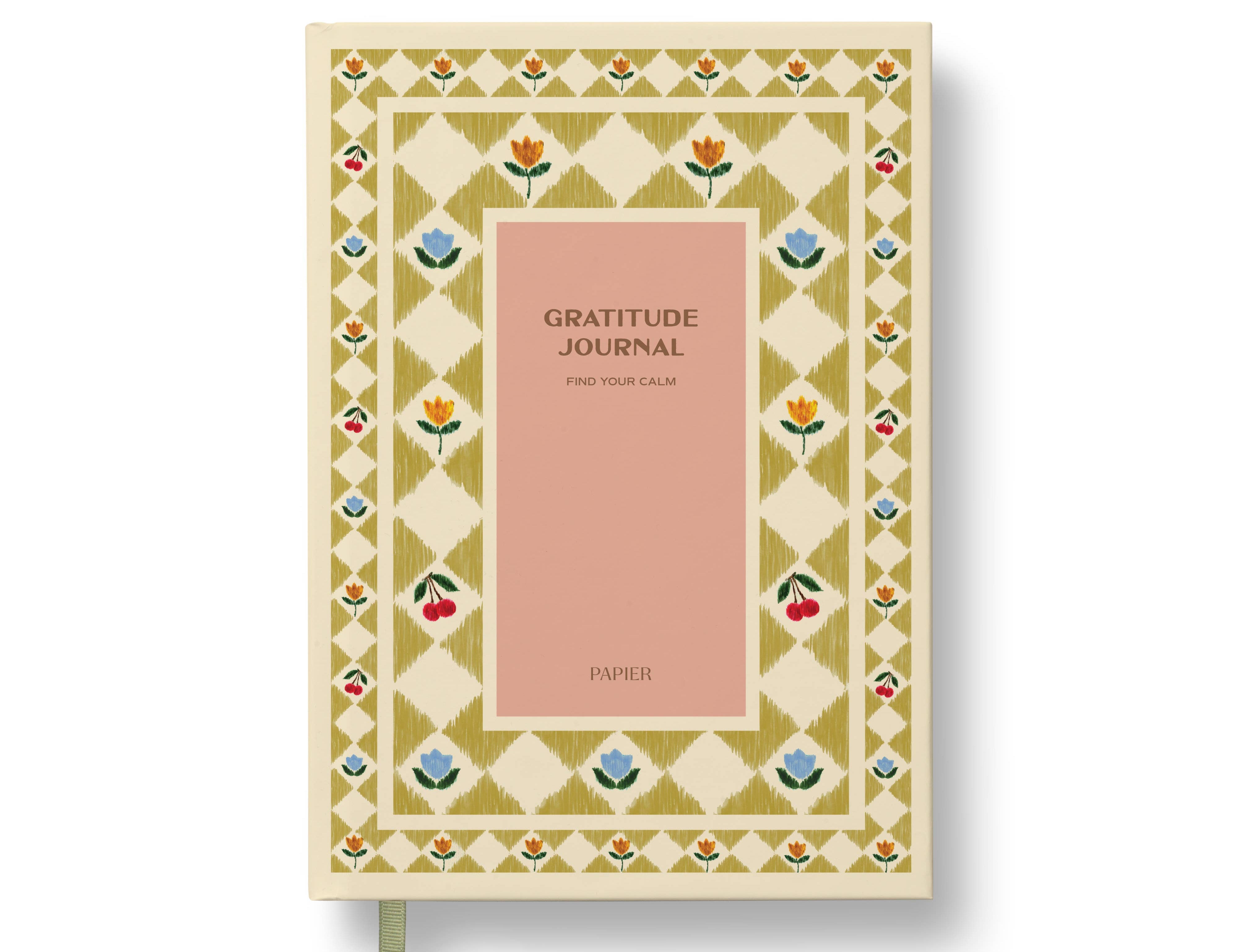 Papier Guided Gratitude Journal A5 Hardcover in Folk Garden, an olive tile print cover with a pink label