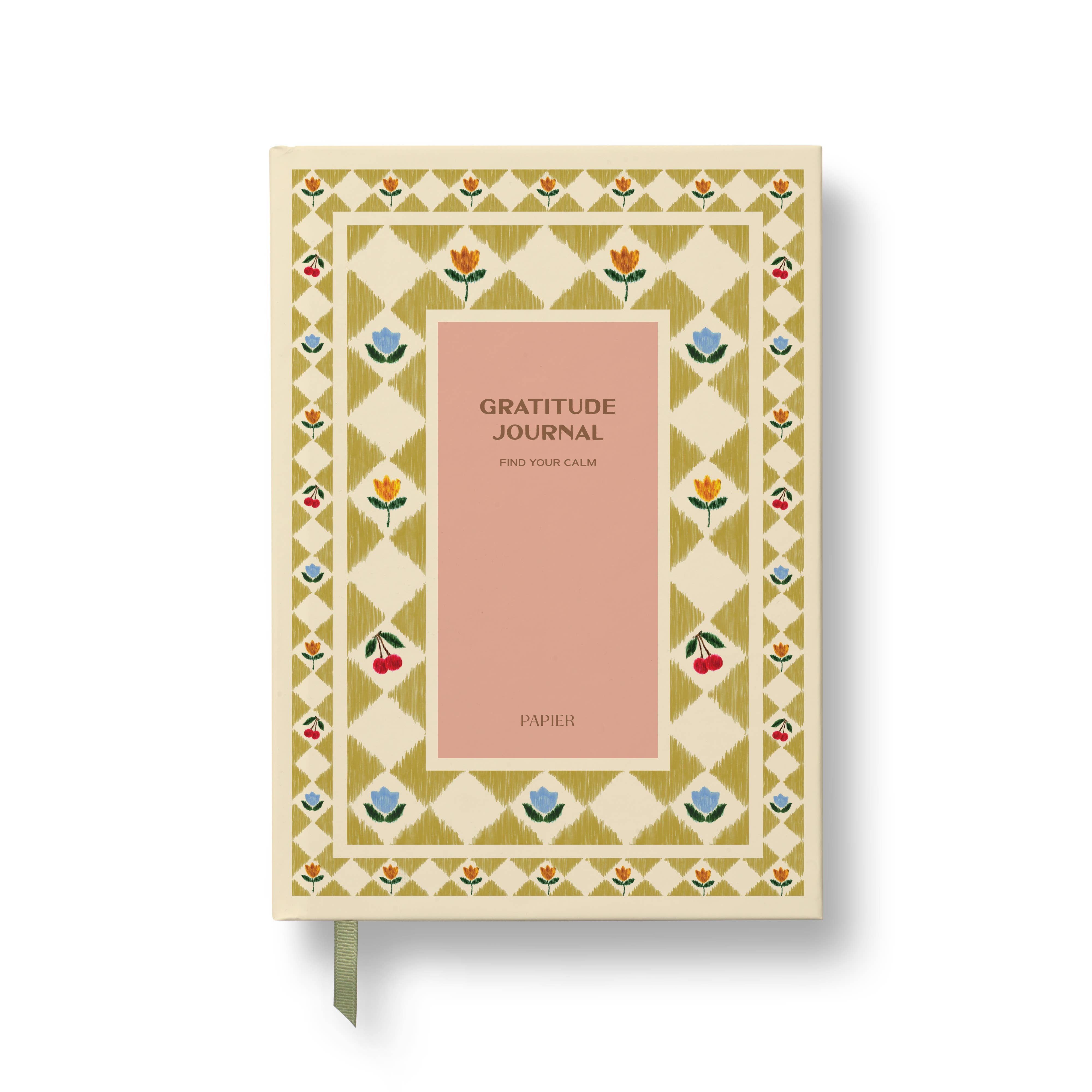 Papier Guided Gratitude Journal A5 Hardcover in Folk Garden, an olive tile print cover with a pink label