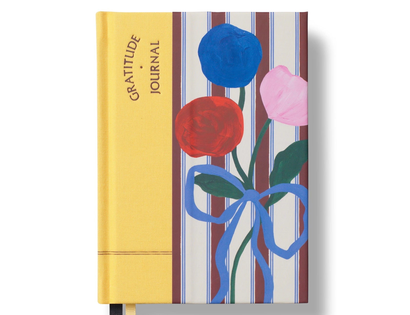 Papier Guided Gratitude Journal A6 Fabric in Stripe Bouquet, a yellow and striped fabric cover with painted flowers and a bow