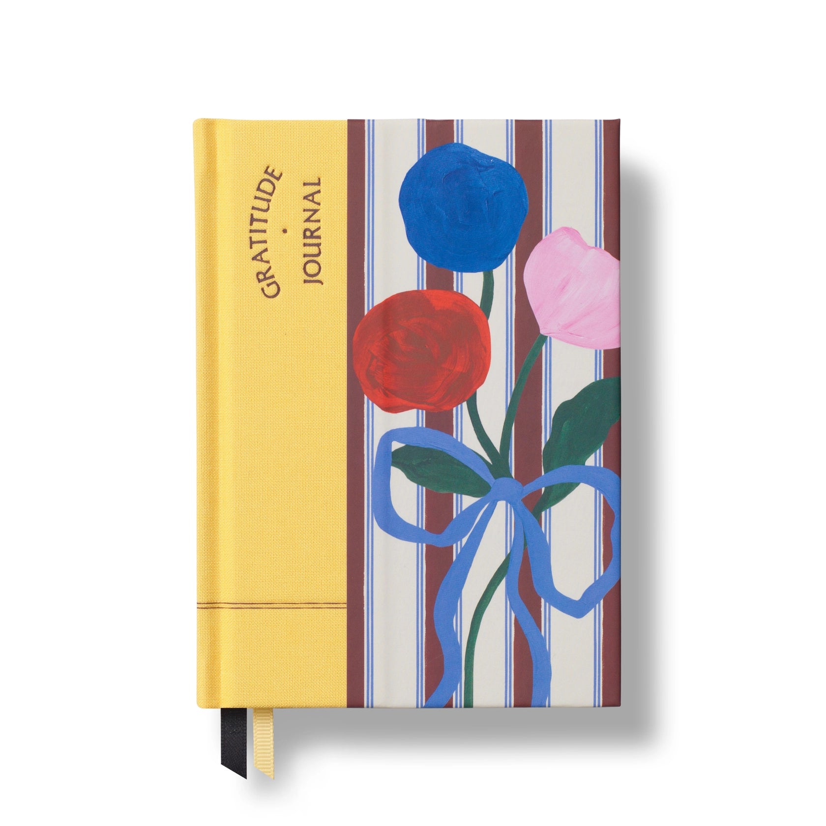 Papier Guided Gratitude Journal A6 Fabric in Stripe Bouquet, a yellow and striped fabric cover with painted flowers and a bow