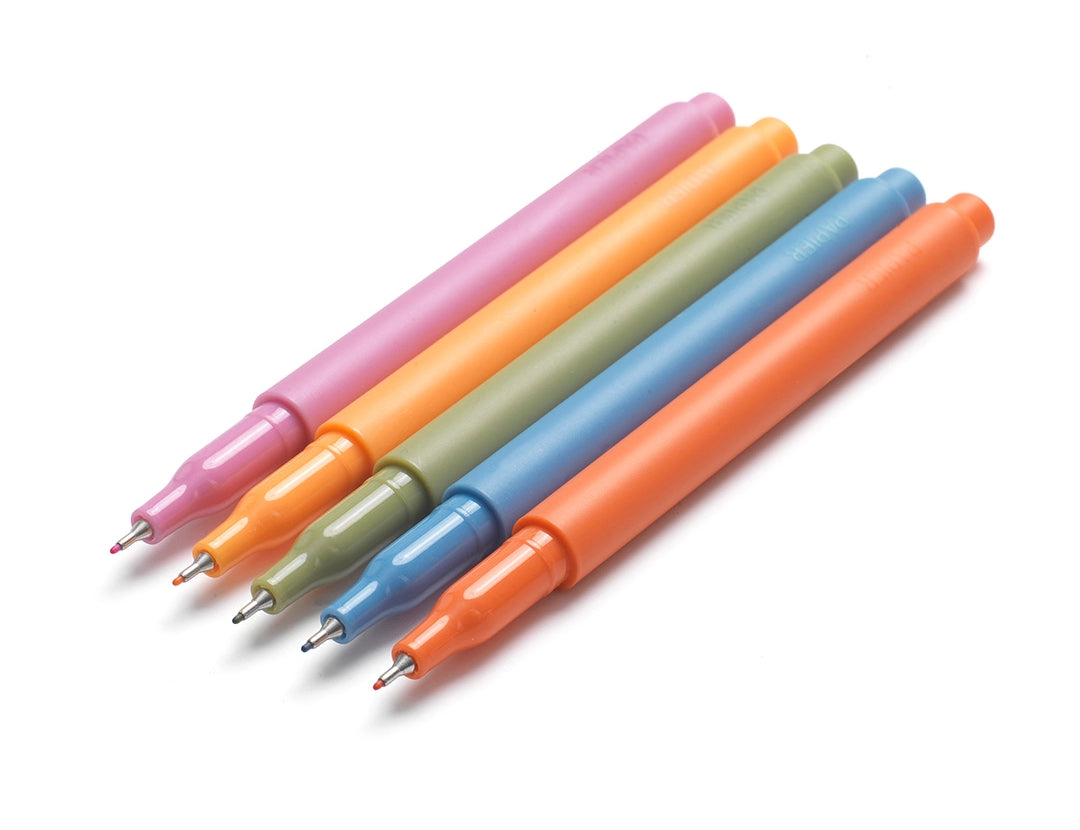 Papier High Energy Fineliners Set, five colorful fine-tip pens in pink, orange, green, blue and coral