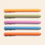 Papier High Energy Fineliners Set, five pens in orange, green, pink, blue and coral lined up in a row