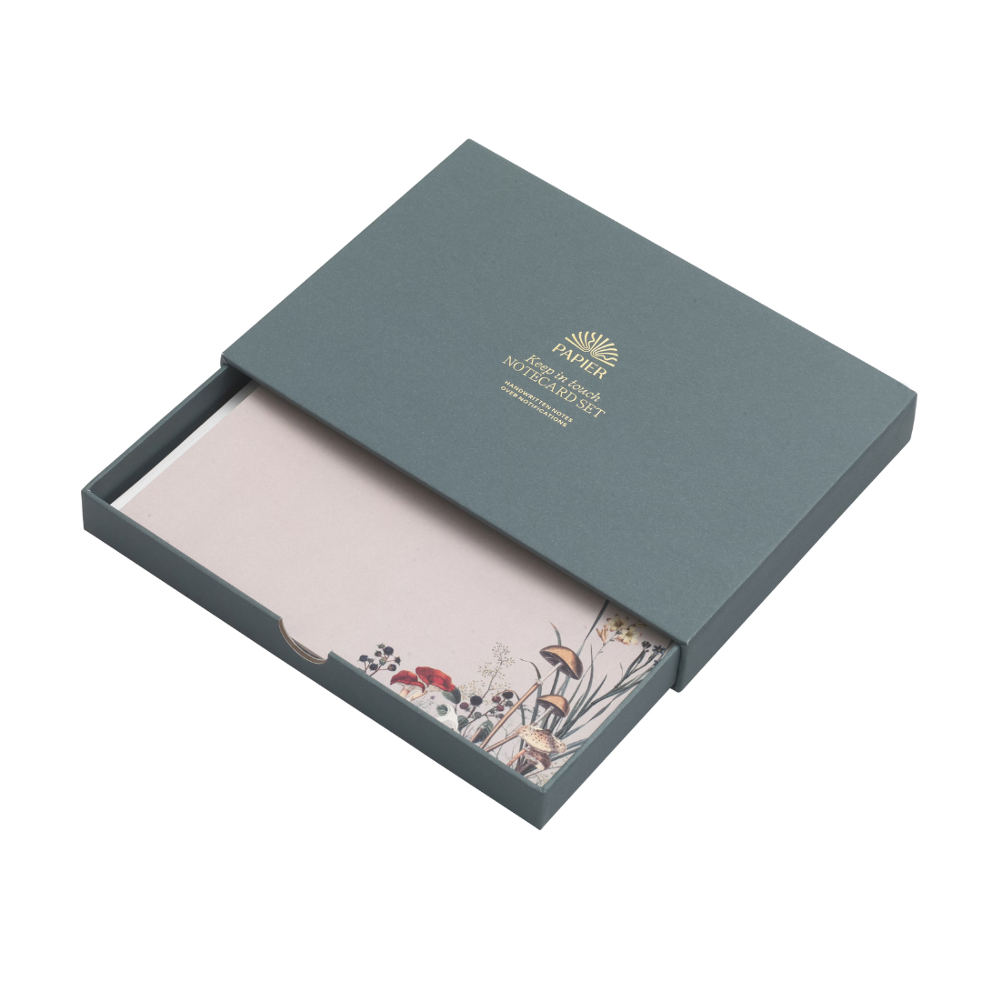 Papier Keep in Touch Notecard Set in a teal box with botanical illustrated cards