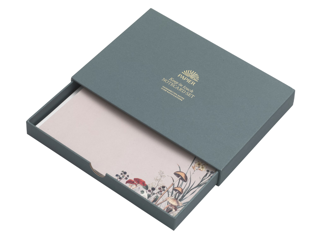 Papier Keep in Touch Notecard Set in a teal box with botanical illustrated cards