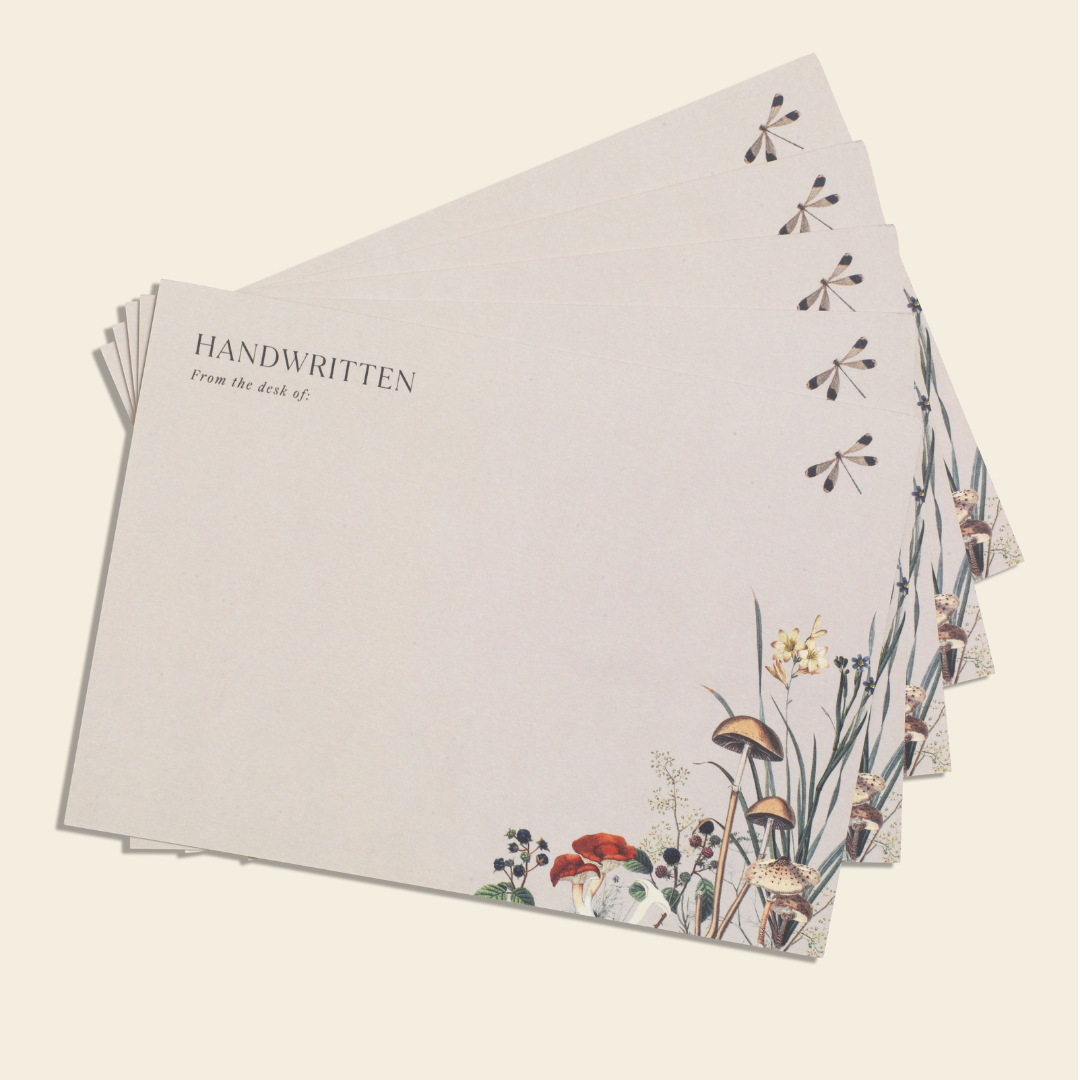Papier Keep in Touch Notecards fanned out showing the Handwritten header and mushroom illustration