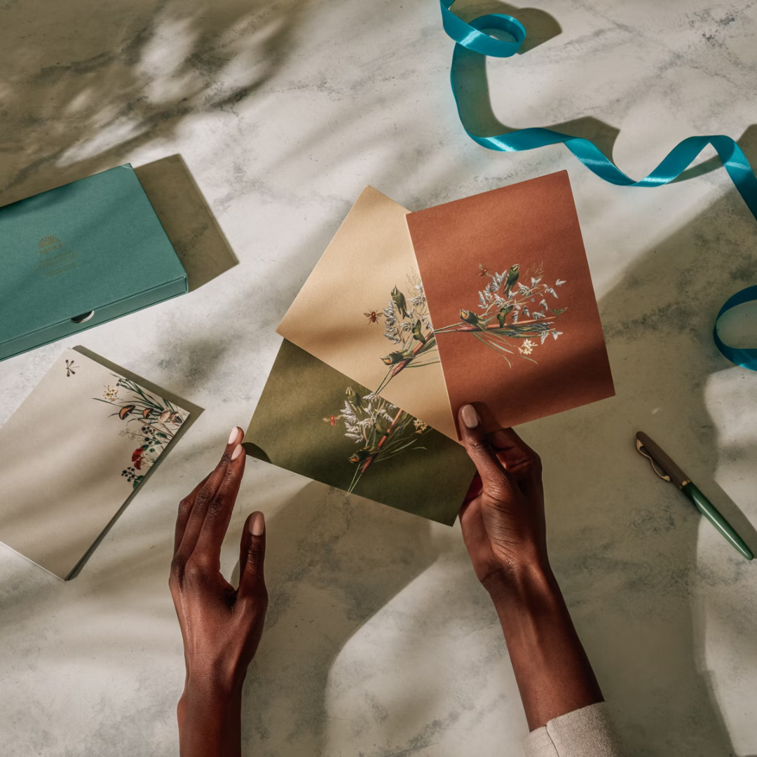 Hands writing on Papier Keep in Touch Notecards with a teal ribbon and rust envelopes