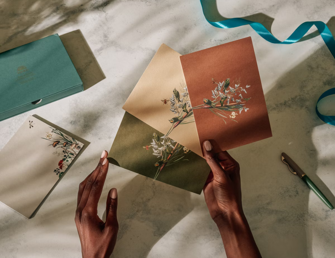 Hands writing on Papier Keep in Touch Notecards with a teal ribbon and rust envelopes